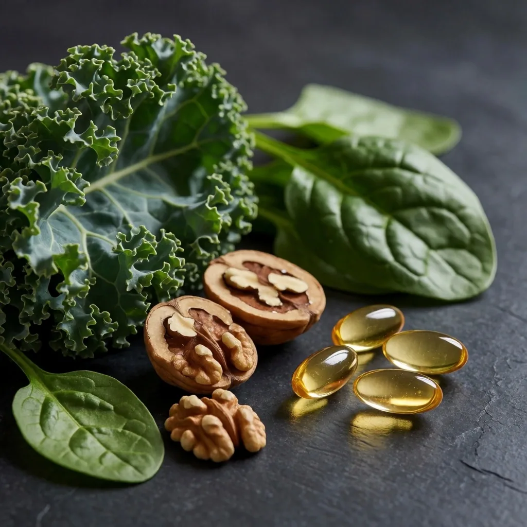 Luteinben és omega-3-ban gazdag ételek és kiegészítő kapszulák kőfelületen