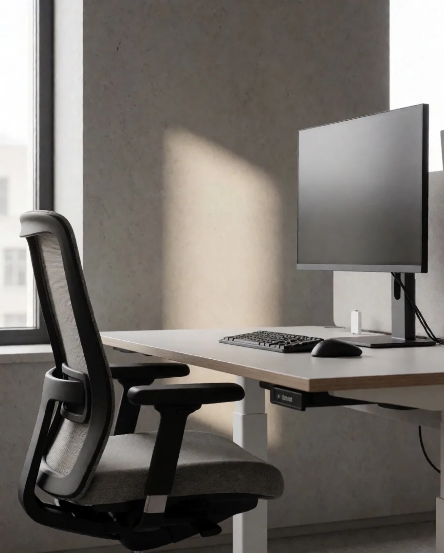 Helyesen beállított munkaállomás ergonomikus székkel és monitorral