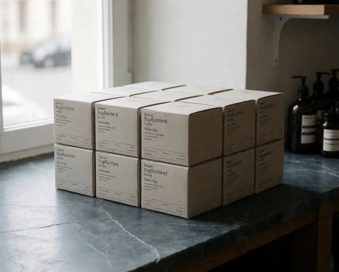 Több doboz termékkészlet kő munkaasztalon