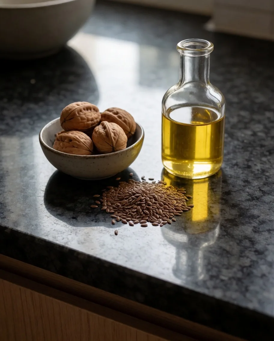 Omega-3 források: dió, lenmag és olajos üveg hűvös kőlapon